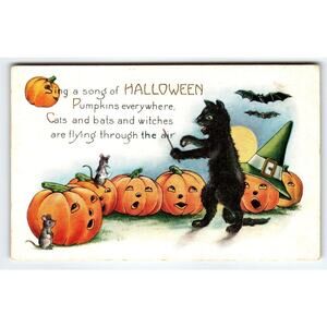 Halloween Postcard Whitney Black Cat Band Mice Moon Bats Anthropomorphic Fantasy